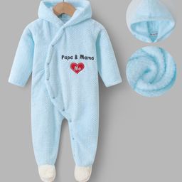 Kookie Kids Full Sleeves Solid Colour Text Embroidered Hooded FootedFront Open Romper - Light Blue-image-96