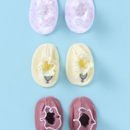 Ben Benny 100% Cotton Interlock Knit Booties With Solid & Heart Print Pack of 3 - Pink Lemon Yellow & Rose Gold-picture-18