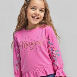 Babyhug Cotton Knit Full Peasant Sleeves Sweatshirt With Floral Embroidery & Foil Print - Dark Pink-image-67