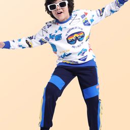 Ollington St. 100% Cotton Knit Full Sleeves Sweatshirt & Joggers Set With Snow Adventure Theme Print - White & Blue-image-86