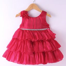 Babyhug Woven Sleeveless Layered Party Dress with Floral & Rhinestones Waist Belt Applique - Red-image-65