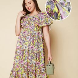 Bella Mama Woven Half Bell Sleeves Maternity Dress With Floral Print & Pocket - Yellow-picture-10