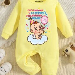KNITROOT Dad Birthday Theme Full Sleeves Papas First Birthday With Me Text Printed Romper - Yellow-image-96