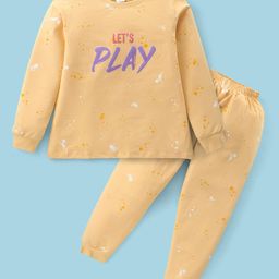 Smarty Girls Cotton Lycra Knit Full Sleeves Winter Wear Suit With Text Print - Mustard-image-40
