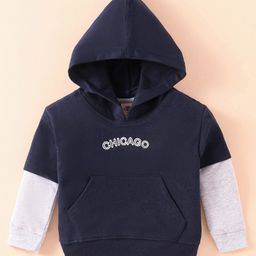 Zero Cotton Knit Full Doctor Sleeves Hooded Sweatshirt with Text Embroidery & Kangaroo Pockets - Navy Blue-image-73