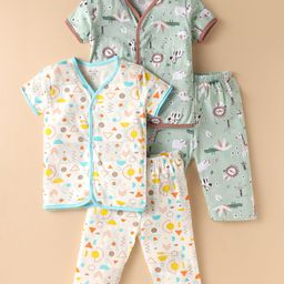 OHMS Single Jersey Knit Half Sleeves Front Open Co-ords Night Suits with Jungle Theme Print Pack of 2 - White & Light Green-image-13