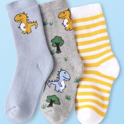 Cute Walk by Babyhug Terry Knit Ankle Length Antibacterial Socks with Dino Design & Stripes Pack of 3 - Grey Light Blue & White-image-81