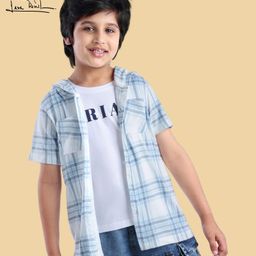 Arias Cotton Knit Half Sleeves Checkered Shirt with Hood & T-Shirt - Blue & White-image-74