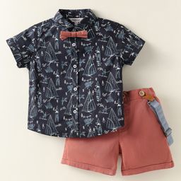 ToffyHouse Poplin Woven Half Sleeves Boat Printed Shirt & Shorts With Bow & Suspender - Charcoal Grey-image-93