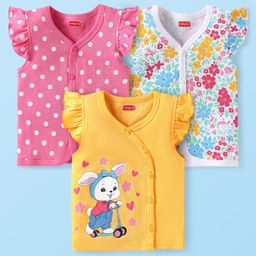 Babyhug 100% Cotton Knit Frill Sleeves Front Open Vests with Floral & Polka Dots Print Pack of 3 - Pink Yellow & White-image-90