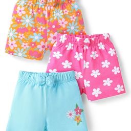 Babyhug Single Jersey Knit Mid Thigh Shorts with Floral Print & Bow Applique Pack Of 3 - Pink Orange & Light Blue-image-90