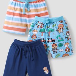 Babyhug Single Jersey Knit Shorts with Stripes & Animal Print Pack of 3 - Light Blue & Navy Blue-image-98