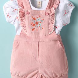 Toffyhouse Cotton Half Puff Sleeves T-Shirt & Dungaree Set With Floral Embroidery & Frill Detailing - Peach-image-57
