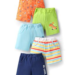 Doodle Poodle Cotton Knit Knee Length Striped Dino Print Shorts Pack Of 5 - Orange Light Blue & Neon Green-image-63