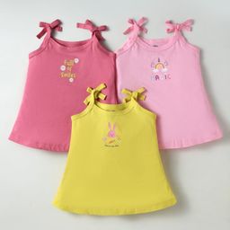 Zero Sinker Knit Singlet Sleeves Text & Unicorn Printed Slips Pack Of 3 - Pink Neon Green & Dark Pink-image-98