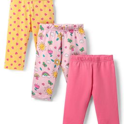 Babyhug Cotton Lycra Knit Three Fourth Leggings with Heart & Floral Print Pack of 3 - Yellow & Pink-image-40