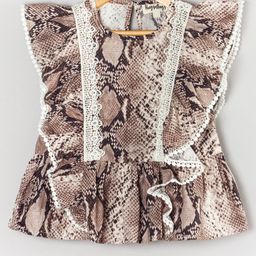 Hugsntugs Woven Cotton Sleeveless Snake Skin Printed Frill & Lace Detailed Top - Brown-image-89