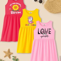 KUCHIPOO Cotton Blend Pack Of 3 Sleeveless Floral & Unicorn Printed Dresses - Pink Yellow & Magenta-image-73