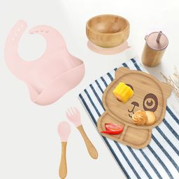 Kids Station 10 Piece Bamboo Feeding Set in Pink for Newborns and Toddlers Includes Panda Plate Spoon Fork Bowl Bib Sipper with Straw and Cap and Two Suction Rings BPA Free-10