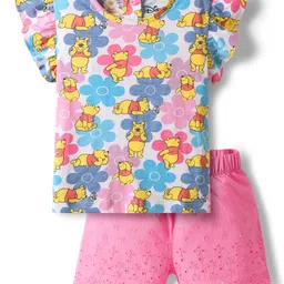 Babyhug Disney Single Jersey Knit Frill Sleeves Top and Shorts with Winnie the Pooh & Floral Print - Pink & Light Blue-picture-32