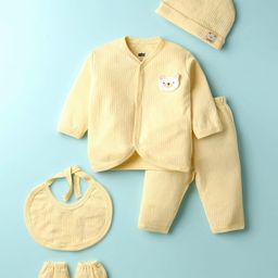 Simply Interlock Knit Full Sleeves Front Open Jhabla & Pant Set With Cap Bib & Mittens -Light Yellow-image-91