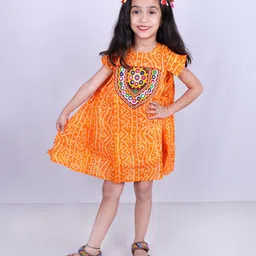 Aglare Cotton Woven Navratri Theme Short Sleeves Bandhani Designed & Mirror Work Detailed Dress With Cap - Yellow-picture-20