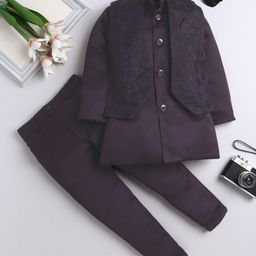 Fourfolds Woven Full Sleeves Solid Sherwani & Pant With Floral Embroidered Jacket Set - Wine-picture-38