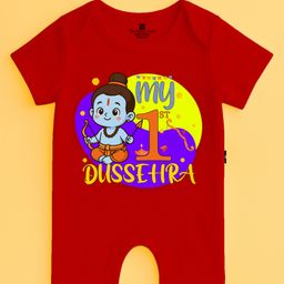 The Peppy Tend 100% Cotton Knit Dussehra Theme Half Sleeves My 1st Dussehra Text Printed Romper - Red-picture-26