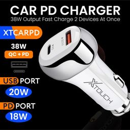 XTOUCH 38 W Qualcomm 3.0 Turbo Car Charger 2 Port Fast Car Charger Type C and USB Output- White image 3
