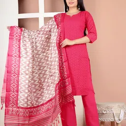 BLU Schiffli Embroidered Notch Neck Straight Kurta with Trousers & With Dupatta-picture-36