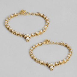 I Jewels Set of 2 Gold-Plated White Kundan-Studded & Beaded Anklets-picture-36