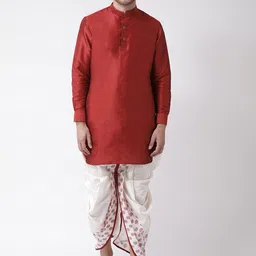 DEYANN Men Red & Off-White Solid Kurta with Dhoti Pants-8