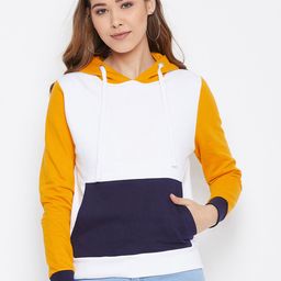 The Dry State Women White & Mustard Yellow Colourblocked Hooded Sweatshirt-image-43