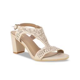 Bata Beige PU Block Sandals with Laser Cuts-30