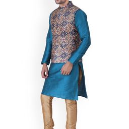 Sadree Mandarin Collar Dupion Silk Kurta And Churidar With Nehru Jacket Set image 4