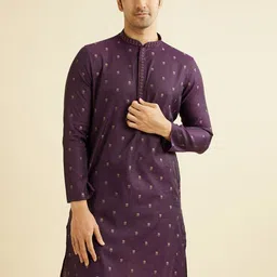 Manyavar Floral Woven Design Thread Work Mandarin Collar Straight Kurta with Pyjamas-image-77