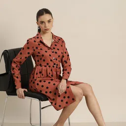 encore by INVICTUS Rust & Black Polka Dots Printed A-Line Dress-image-65