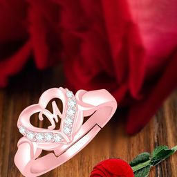 MEENAZ Rose Gold-Plated AD Studded M Alphabet Adjustable Ring With Rose Box-picture-29