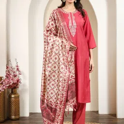 Anouk Rustic Embroidered Round Neck Thread Work Straight Kurta With Trousers & Dupatta-picture-27