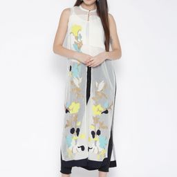 W Off-White Sheer Longline Ethnic Jacket-image-67