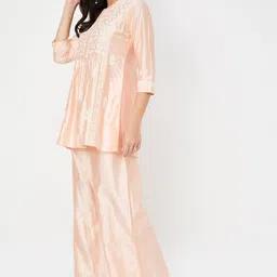 max Women Floral Yoke Design Regular Thread Work A-Line Kurti with Palazzos-0