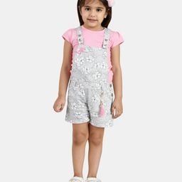 Peppermint Bow Applique And Glitter Dungaree And Half Sleeves Top Set - White-picture-12