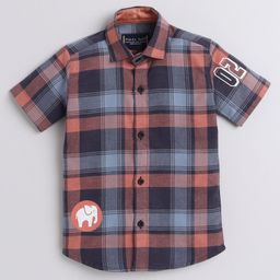 Polka Tots Half Sleeves Tartan Checked & Elephant Placement Printed Shirt  - Black & Grey-image-31