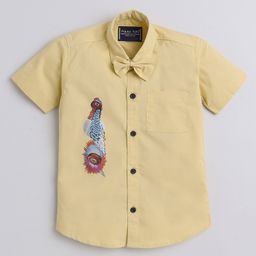 Polka Tots Regular Fit Half Sleeves Sports Theme Tyre Metallic Printed Bow Appliqued Shirt  - Yellow-image-79
