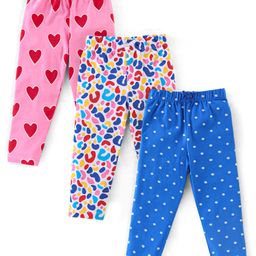 Babyhug Cotton Lycra Knit Full Length Leggings with Stretch & Heart & Polka Dots Printed Pack of 3 - Blue & Pink-image-30