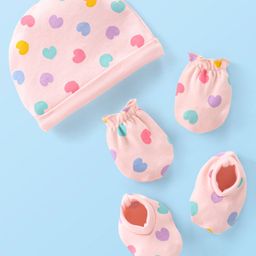 Babyhug 100% Cotton Knit Mittens and Booties With Heart Print - Pink-image-7