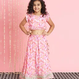 READIPRINT Chinnon Cap Frill Sleeves Water Colour Effect Floral Designed Choli With Coordinating Lehenga - Pink-picture-49