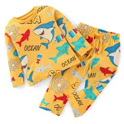 Babyhug Cotton Single Jersey Knit Full Sleeves Night Suit Marine Life Print - Yellow-image-23