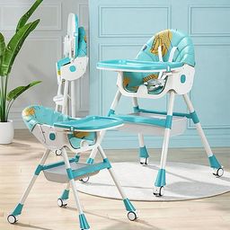 High Chair with Wheels and Printed Cushion - Blue-6