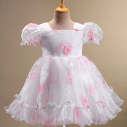 Mark & Mia Woven Puffed Sleeves Knee length Party Frock with Floral Print - White-image-26